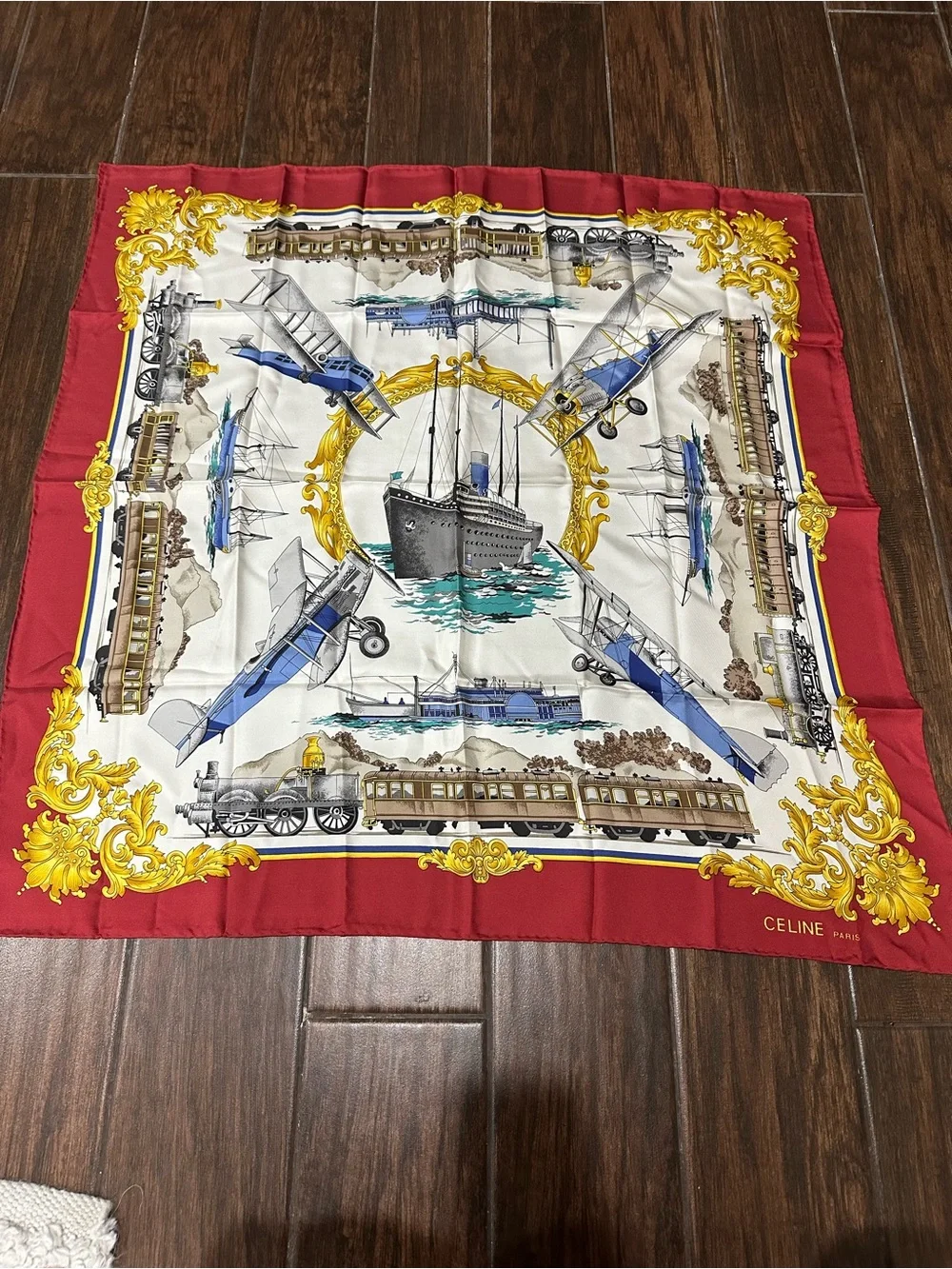 Celine Silk Scarf in Red, Cream, Blue & Gold Transport Motif